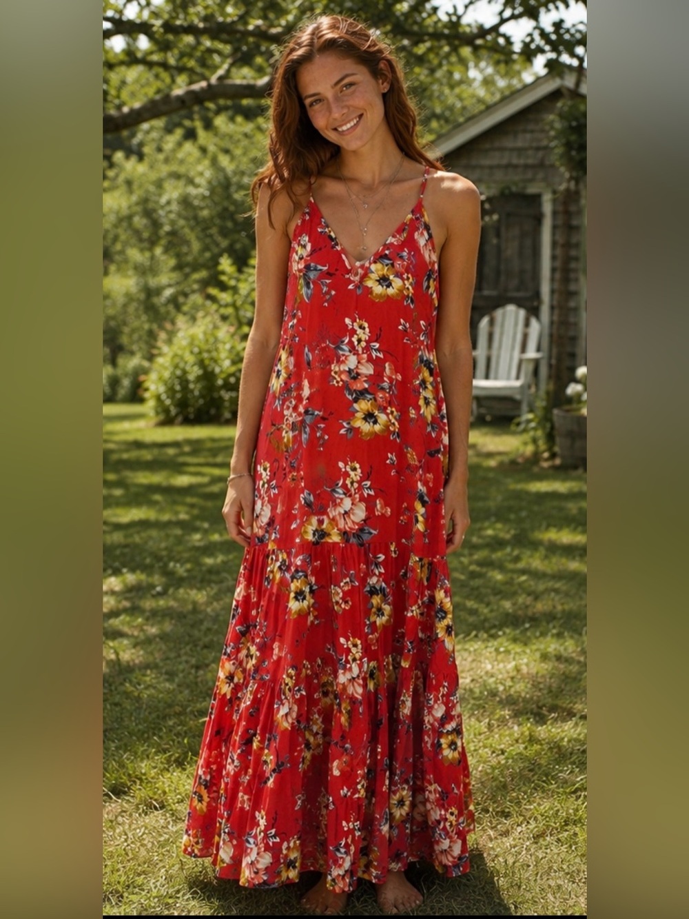 Band of Gypsies Red Floral Spaghetti-Strap Maxi Dress with Yellow Blooms